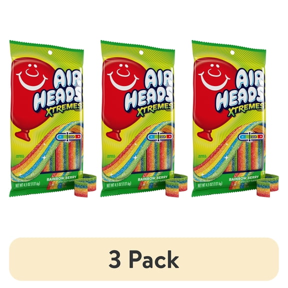 (3 pack) Airheads Xtremes Belts Chewy Candy, Rainbow Berry Fruit Flavor Artificially Flavored, 4.5 Ounces