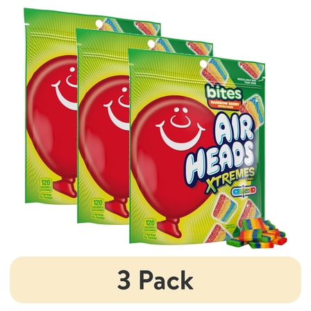 (3 pack) Airheads Xtremes Bites Peanut-Free Rainbow Berry Chewy Sour Candy, 9 oz Resealable Bag