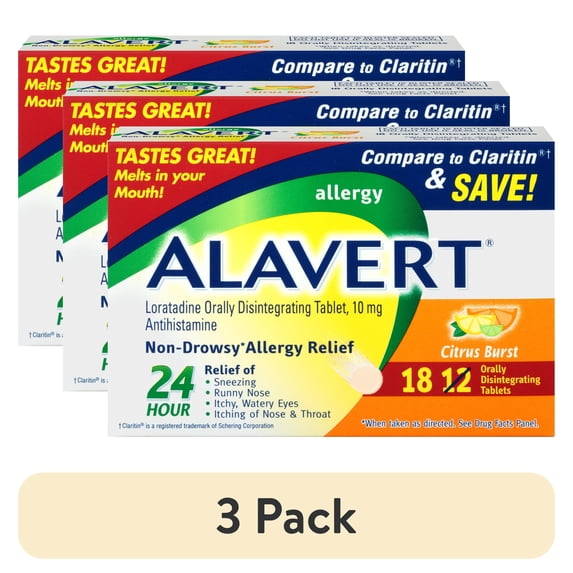 (3 pack) Alavert Allergy 24-Hour Relief (Citrus Burst Flavor Orally Disintegrating Tablets), Non-Drowsy, Antihistamine, 18 Count (Pack of 1)