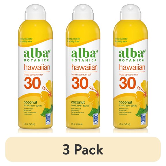 (3 pack) Alba Botanica Hawaiian Sunscreen Spray SPF 30, Coconut, 5 fl oz
