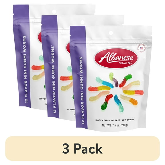 (3 pack) Albanese World's Best 12 Flavor Gummi Worms, 7.5 oz Regular Size