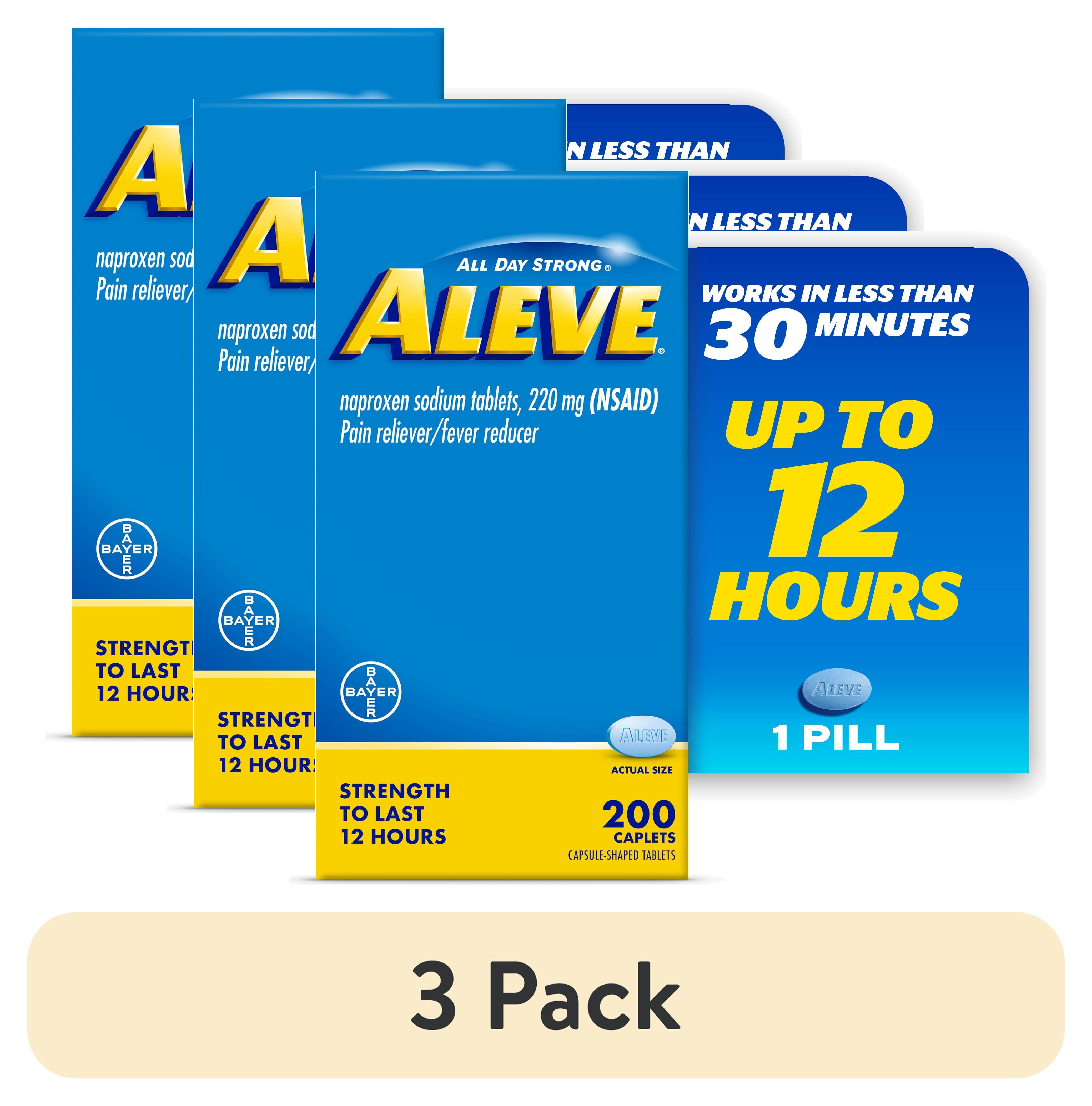 (3 pack) Aleve Pain Reliever & Fever Reducer Naproxen Sodium Caplets, Body Pain Relief, 200 Count