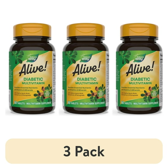 (3 pack) Alive! Diabetic Multivitamin, Nutritional Support for Adults with Diabetes, B-Vitamins, Unisex, 60ct