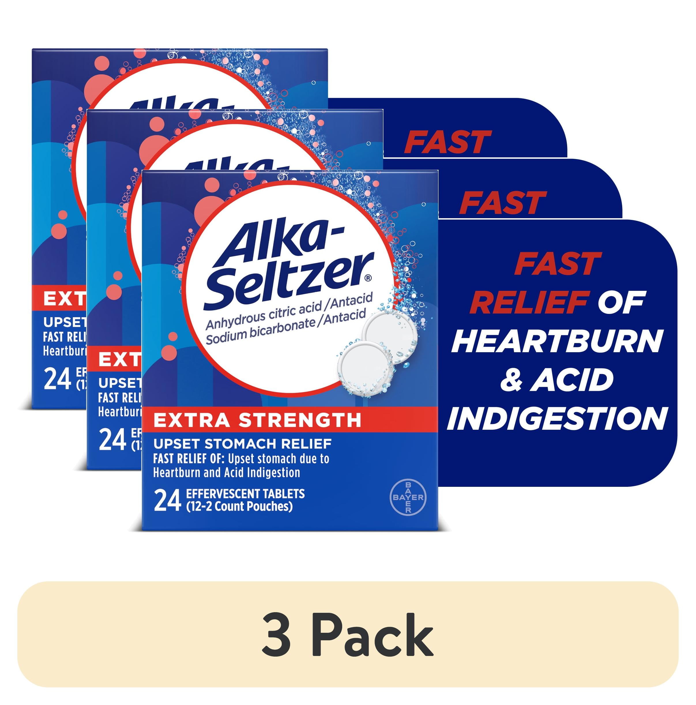 (3 pack) Alka-Seltzer Extra Strength Heartburn Relief Effervescent Antacid Tablets, Fast Acid Indigestion Relief, 24 Count