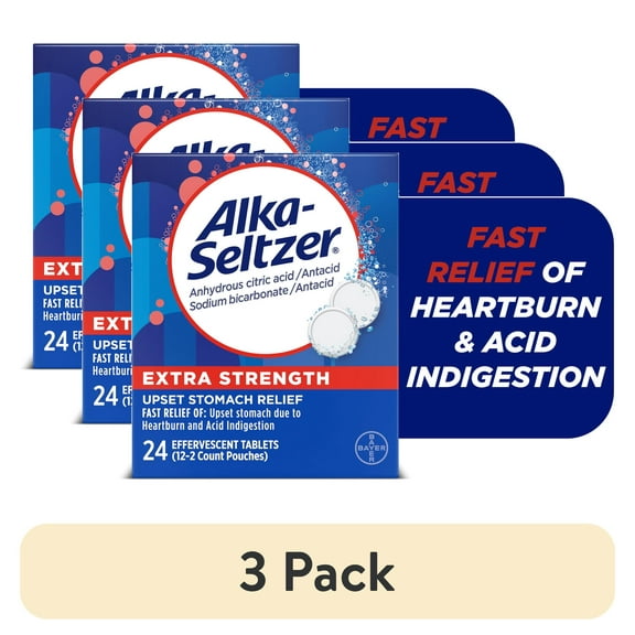 (3 pack) Alka-Seltzer Extra Strength Heartburn Relief Effervescent Antacid Tablets, Fast Acid Indigestion Relief, 24 Count
