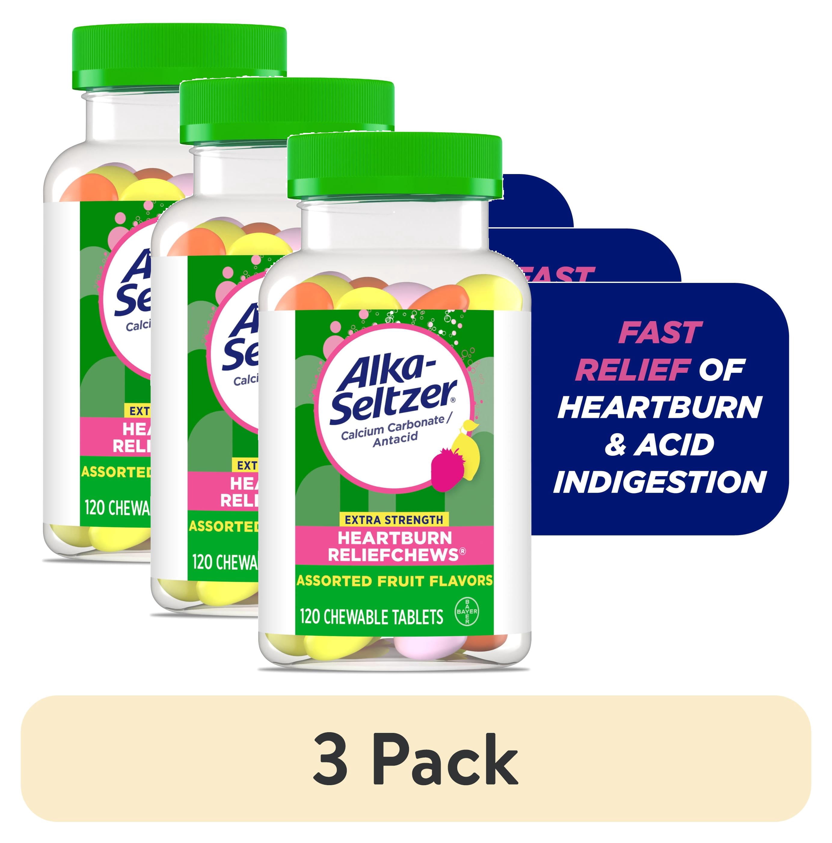 (3 pack) Alka-Seltzer Extra Strength Heartburn ReliefChews, Antacid for Fast Heartburn & Acid Indigestion Relief on the Go, 120 Ct