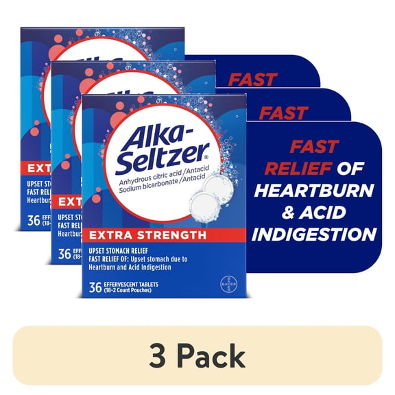 (3 pack) Alka-Seltzer Extra Strength Heartburn Relief Effervescent Antacid Tablets, 36 Ct