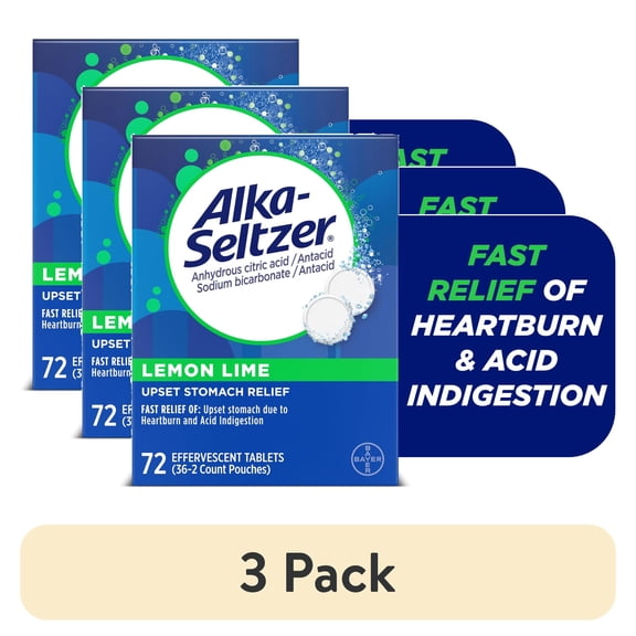 (3 pack) Alka-Seltzer Heartburn Relief Lemon Lime Flavor Effervescent Tablets, Dissolvable Antacid, 72 Count