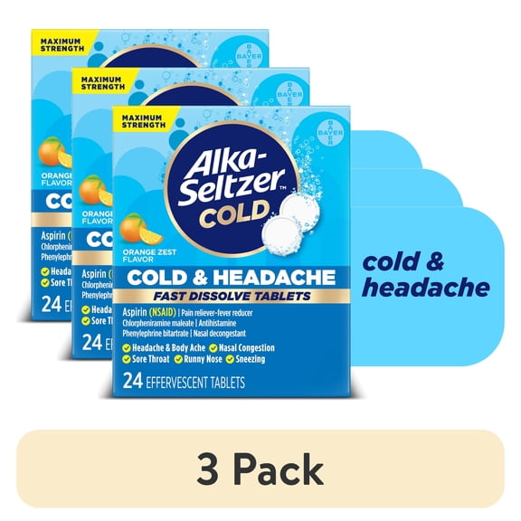 (3 pack) Alka-Seltzer Cold, Cold & Headache Max Strength Fast Dissolve Tabs, Orange Flavor, 24 Count