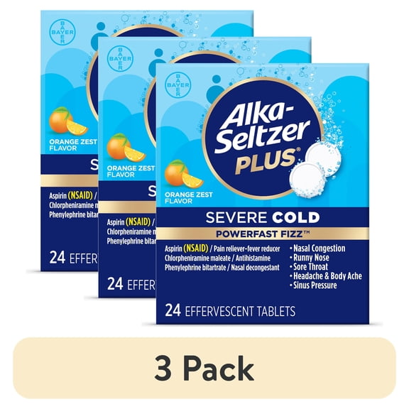 (3 pack) Alka-Seltzer Plus Powerfast Fizz Severe Cold Medicine, Orange Zest Effervescent Tablets, 24 Count