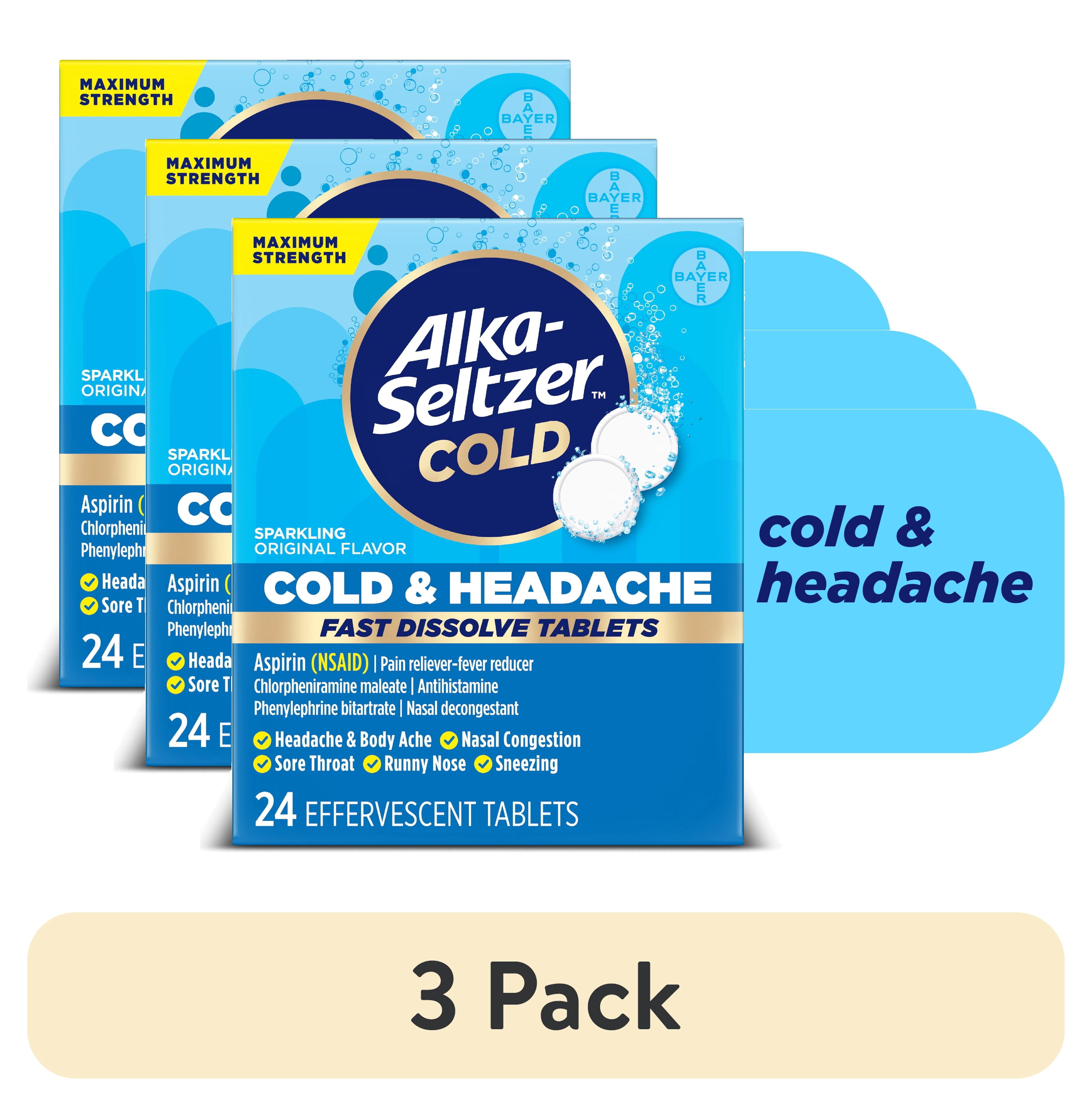 (3 pack) Alka-Seltzer Cold, Cold & Headache Max Strength Fast Dissolve Tabs, Original Flavor, 24 Count