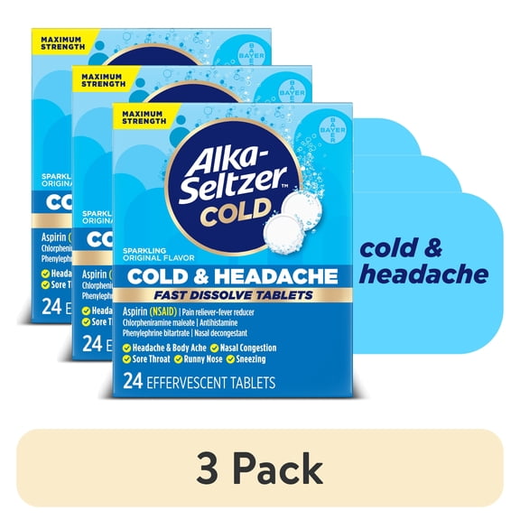 (3 pack) Alka-Seltzer Cold, Cold & Headache Max Strength Fast Dissolve Tabs, Original Flavor, 24 Count