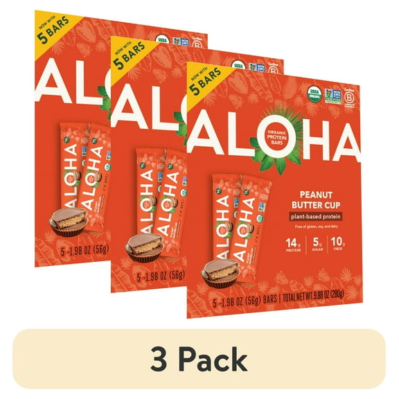 (3 pack) Aloha Peanut Butter Cup, Protein Bars, 5 Pk