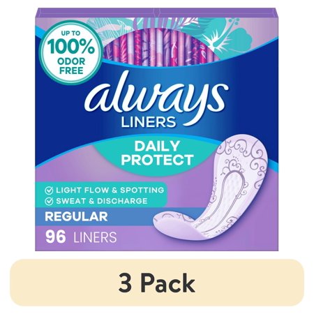 (3 pack) Always Daily Protect Panty Liners, Regular Length, Unscented, 96 Count