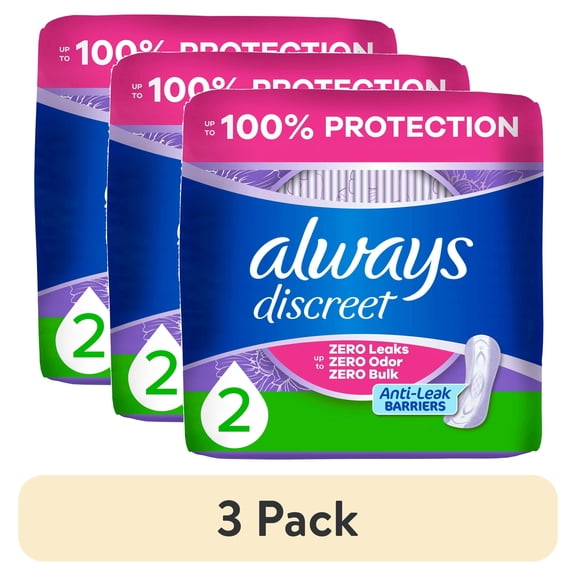 (3 pack) Always Discreet Incontinence Panty Liners for Bladder Leaks, Very Light Absorbency, Size 2, 48 Count