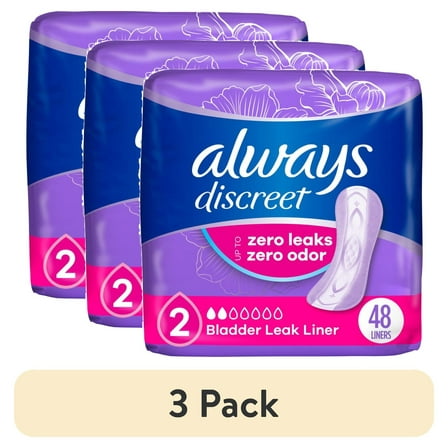 (3 pack) Always Discreet Incontinence Panty Liners for Bladder Leaks, Size 2, Very Light Absorbency, 48 Count