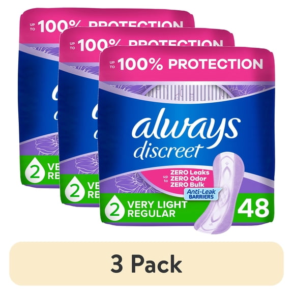 (3 pack) Always Discreet Incontinence Panty Liners for Bladder Leaks, Very Light Absorbency, Size 2, 48 Count