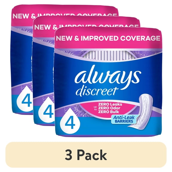 (3 pack) Always Discreet Incontinence Pads, Moderate Absorbency, Regular Length, 66 Count