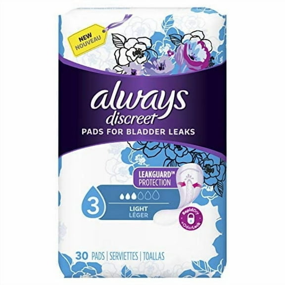 (3 pack) Always Discreet Incontinence Pads for Women, Light, 30 Count