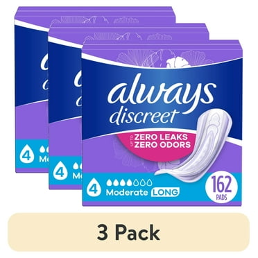 (3 pack) Always Discreet Incontinence Pads, Moderate Absorbency, Long Length, 162 CT