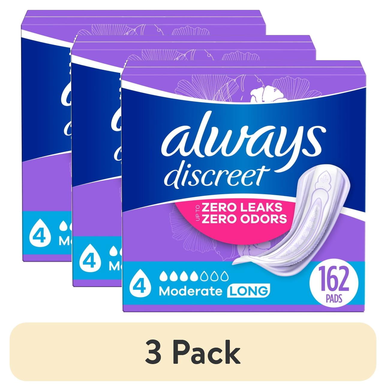 (3 pack) Always Discreet Incontinence Pads for Women, Moderate Absorbency, Long Length, Postpartum Pads, 162 Count