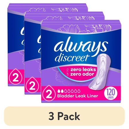 (3 pack) Always Discreet Incontinence Panty Liners for Bladder Leaks, Size 2, Very Light Absorbency, 120 count