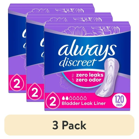 (3 pack) Always Discreet Incontinence Panty Liners for Bladder Leaks, Size 2, Very Light Absorbency, 120 count