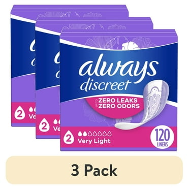 (3 pack) Always Discreet Incontinence Panty Liners, 2, Very Light, Lightly Scented 120 CT