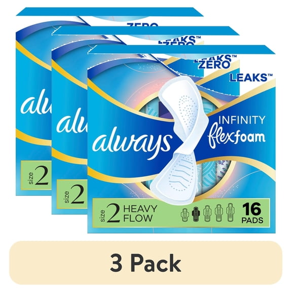 (3 pack) Always Pads, Infinity with Wings, Size 2, Heavy, Unscented, 16 Count