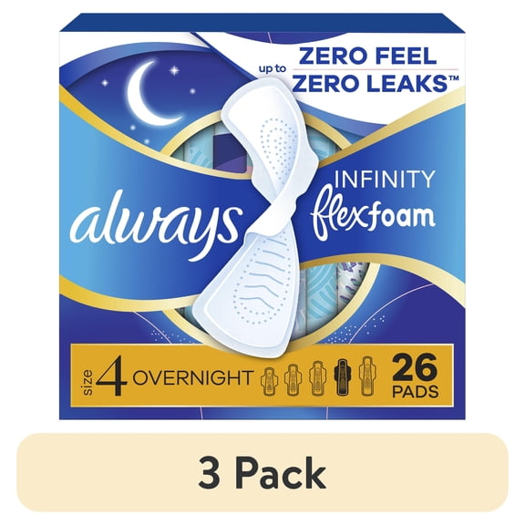 (3 pack) Always Infinity FlexFoam Pads, Size 4, Overnight, Wings, Unscented, 26 Count