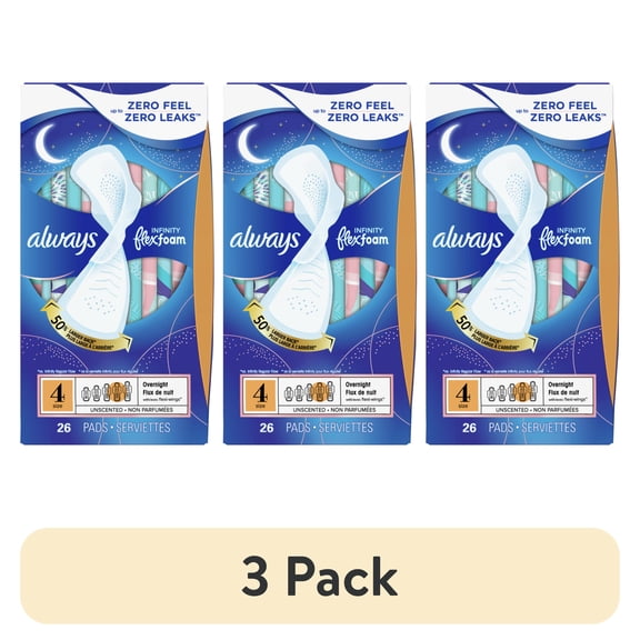 (3 pack) Always Infinity FlexFoam Pads, Size 4, Overnight, Wings, Unscented, 26 Count