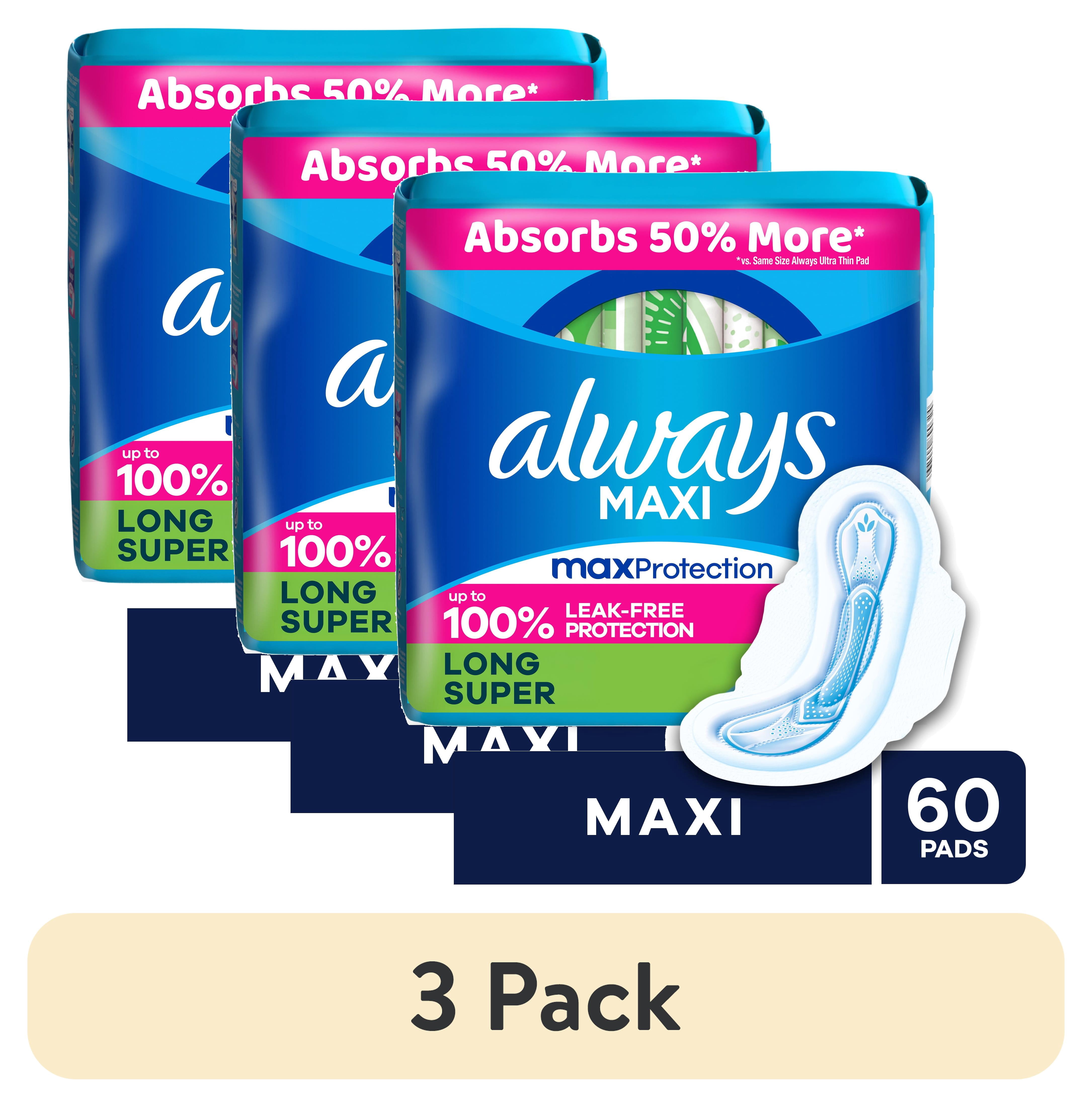 (3 pack) Always Maxi Pads with Wings, Size 2, Long Super, 60 Count