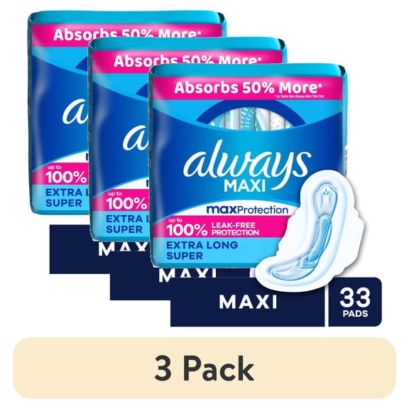 (3 pack) Always Maxi Pads with Wings, Size 3, Extra Long Super Absorbency, 33 Count