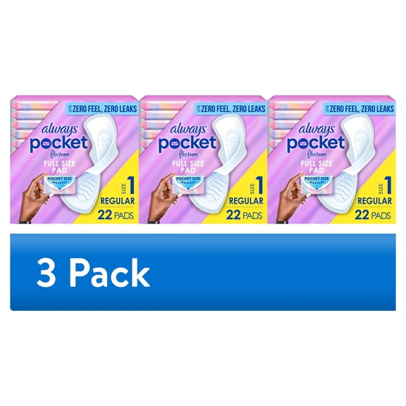 (3 pack) Always Pocket with FlexFoam Pads, Size 1, Regular, Wings, 22 Count