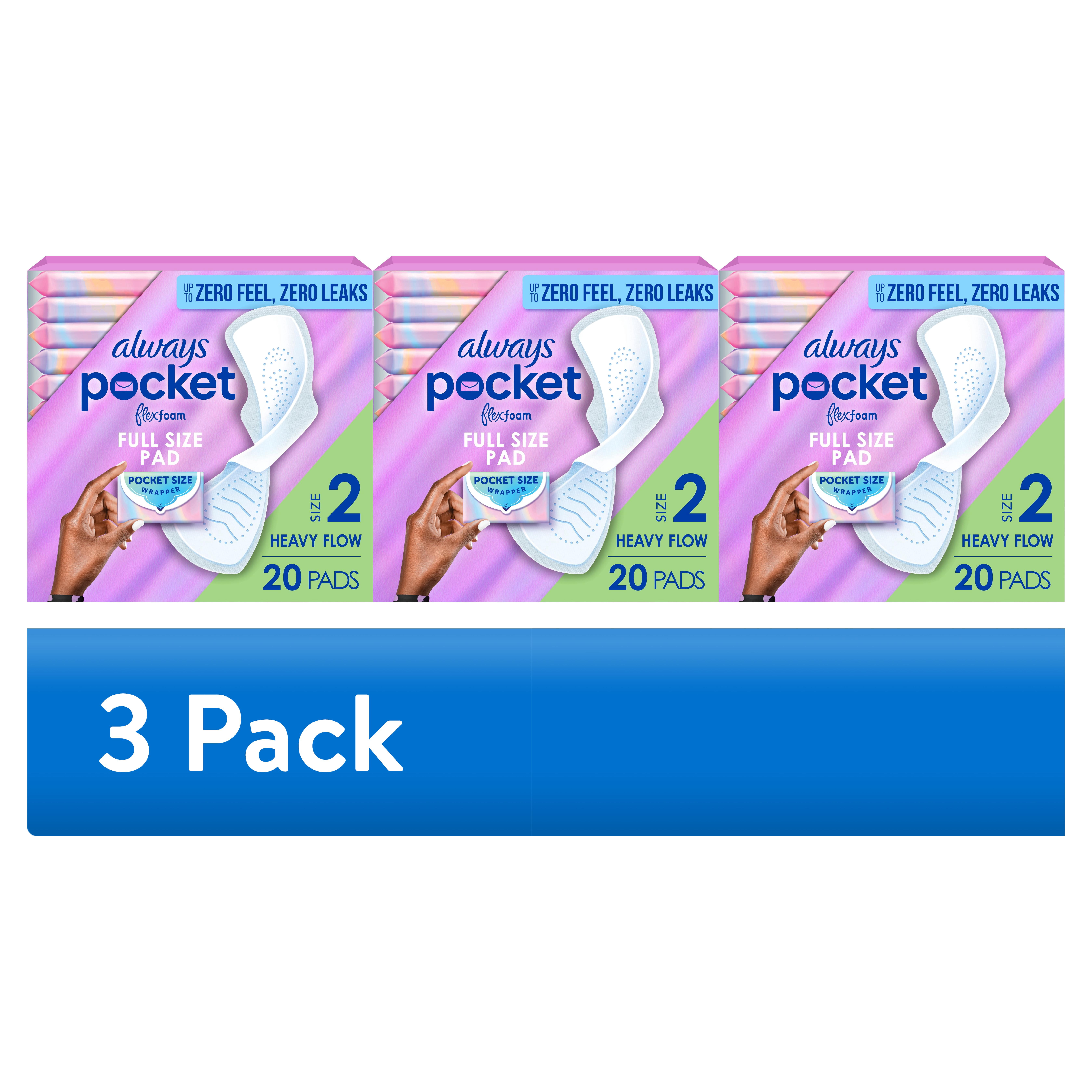 (3 pack) Always Pocket with FlexFoam Pads, Size 2, Heavy Flow, Wings, 20 Count