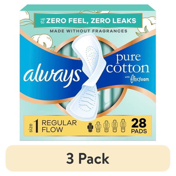(3 pack) Always Pure Cotton Feminine Pads, Size 1, Regular, Wings, Unscented, 28 Count