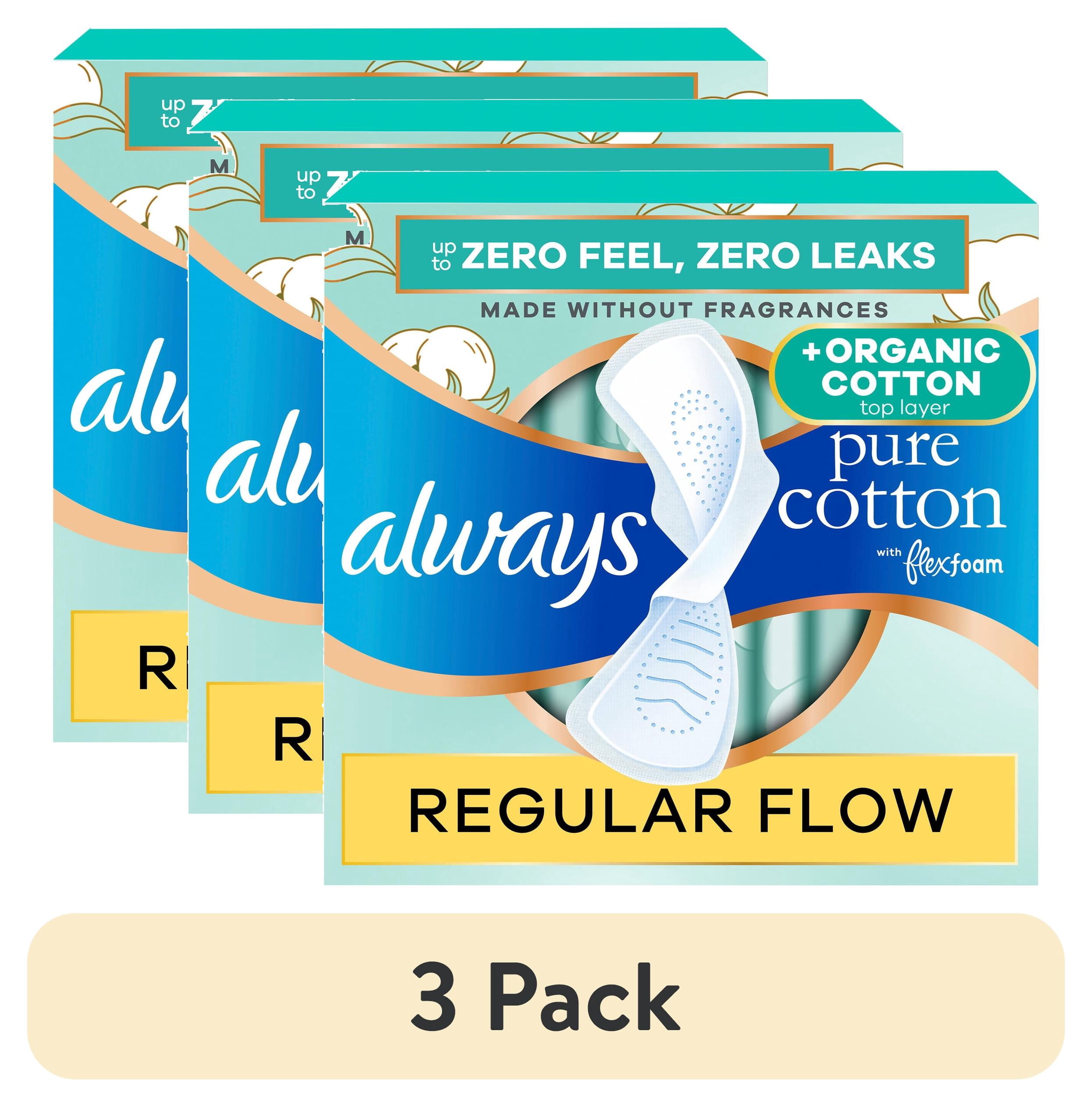 (3 pack) Always Pure Cotton Pads with Organic Top Layer, Size 1 Pads with Wings, Heavy Absorbency, 28 Count