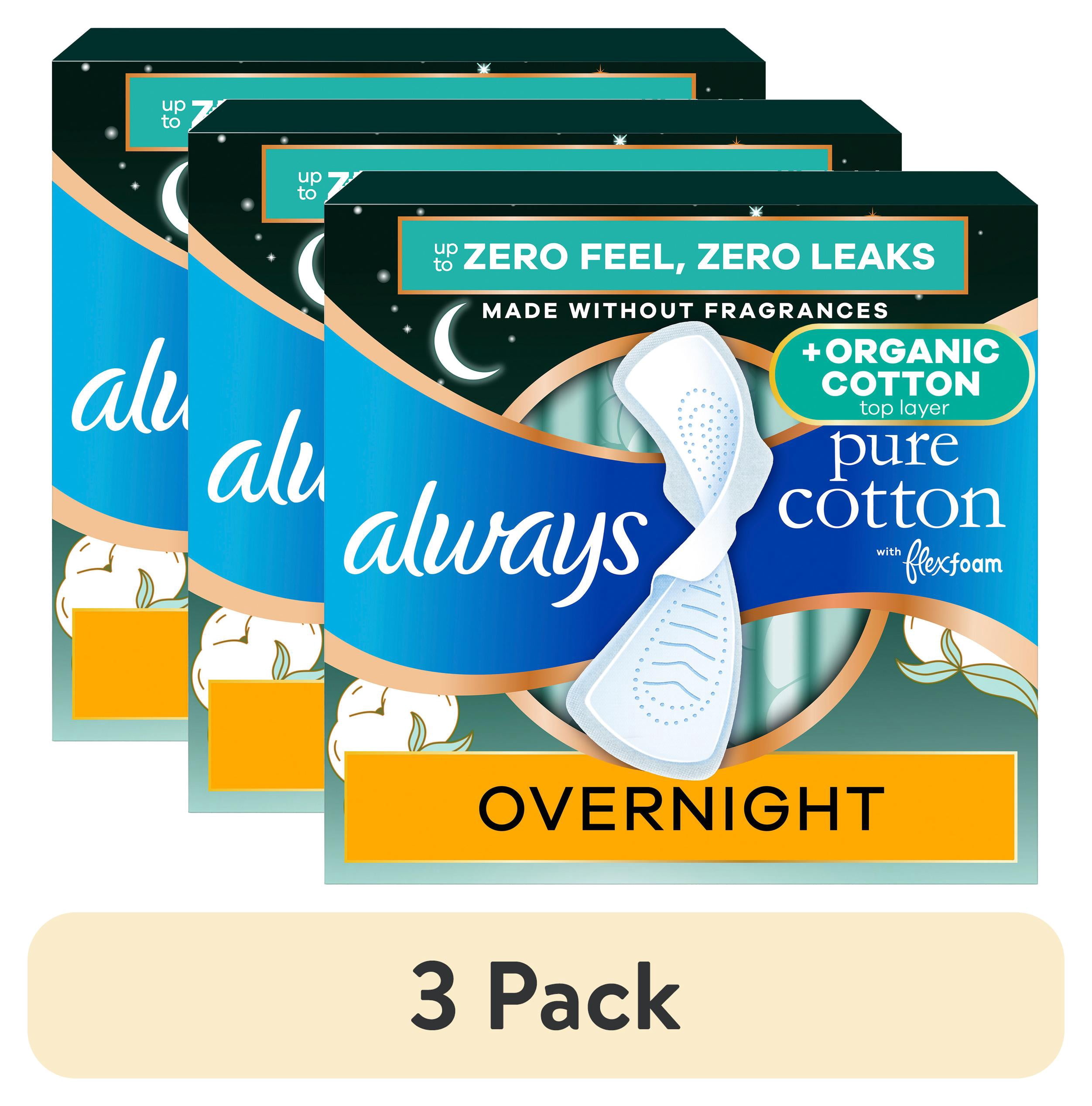 (3 pack) Always Pure Cotton Pads with Organic Top Layer, Size 4 Pads with Wings, Overnight, Heavy Absorbency, 20 Count