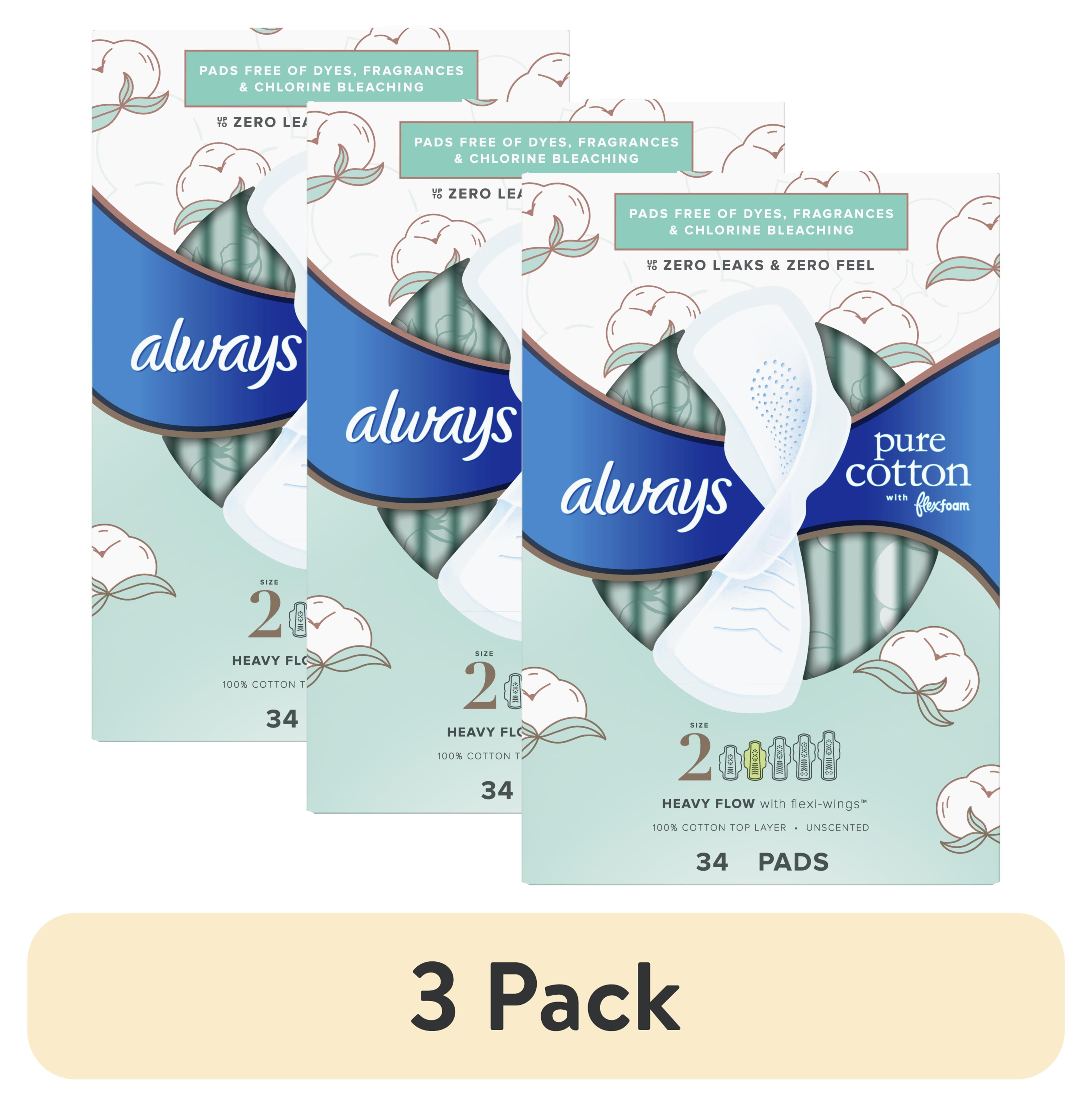(3 pack) Always Pure Cotton Feminine Pads, Size 2, Heavy Flow, 34 CT