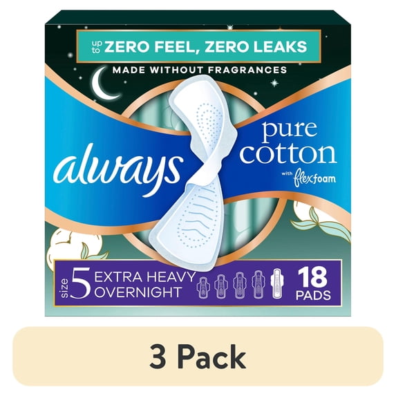 (3 pack) Always Pure Cotton Pads with FlexFoam, Extra Heavy Overnight, Wings, Size 5, 18 Count