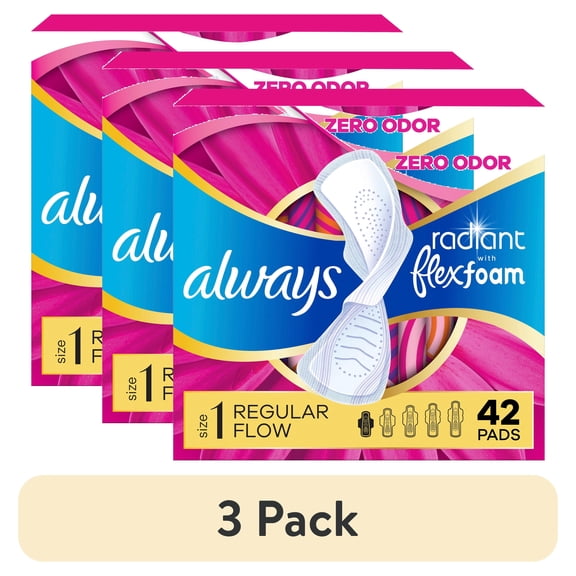 (3 pack) Always Radiant Feminine Pads with Wings, Size 1, Regular Absorbency, Scented, 42 Count
