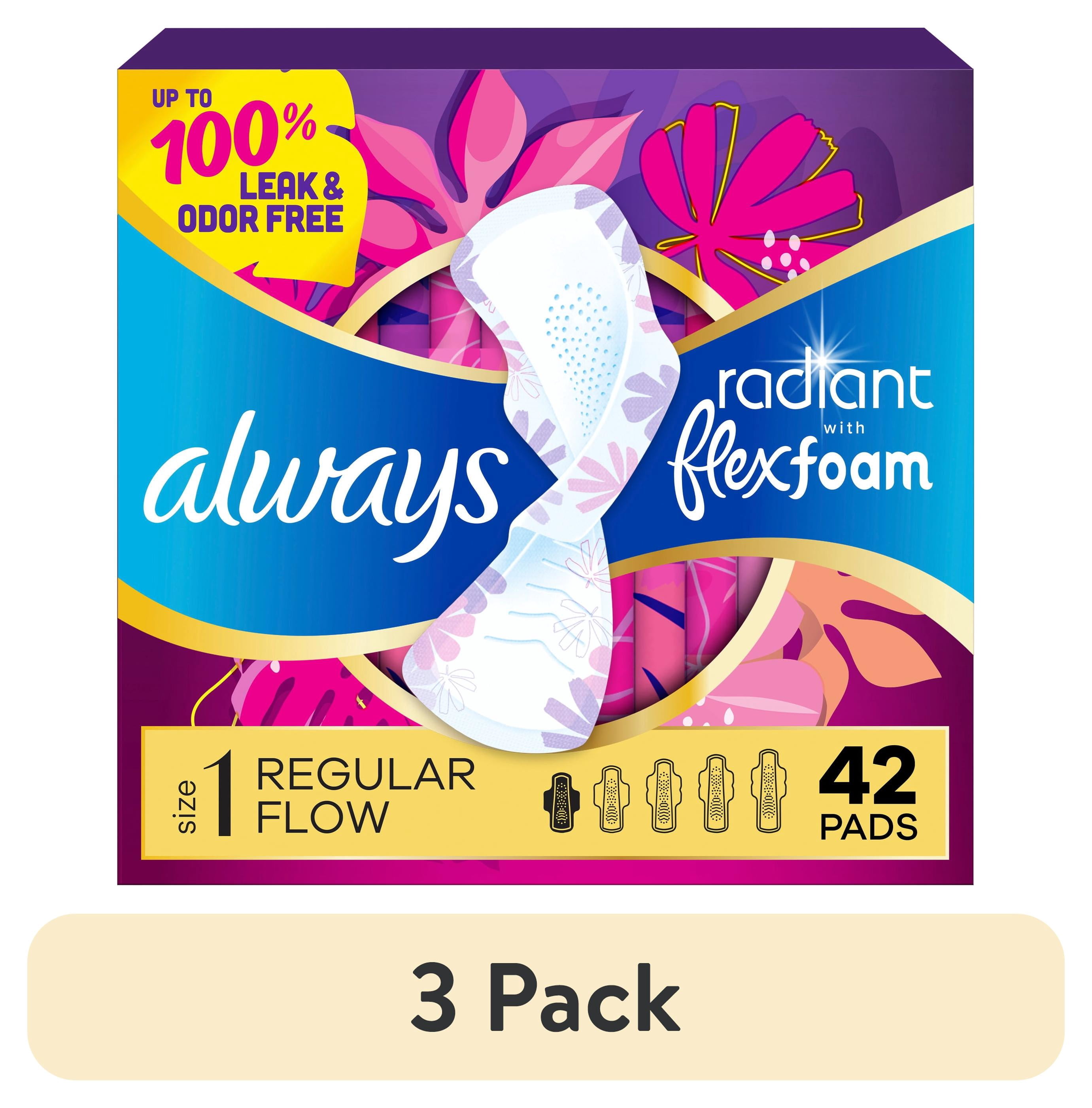 (3 pack) Always Radiant with FlexFoam Pads, Size 1, Regular, Wings, 42 Count