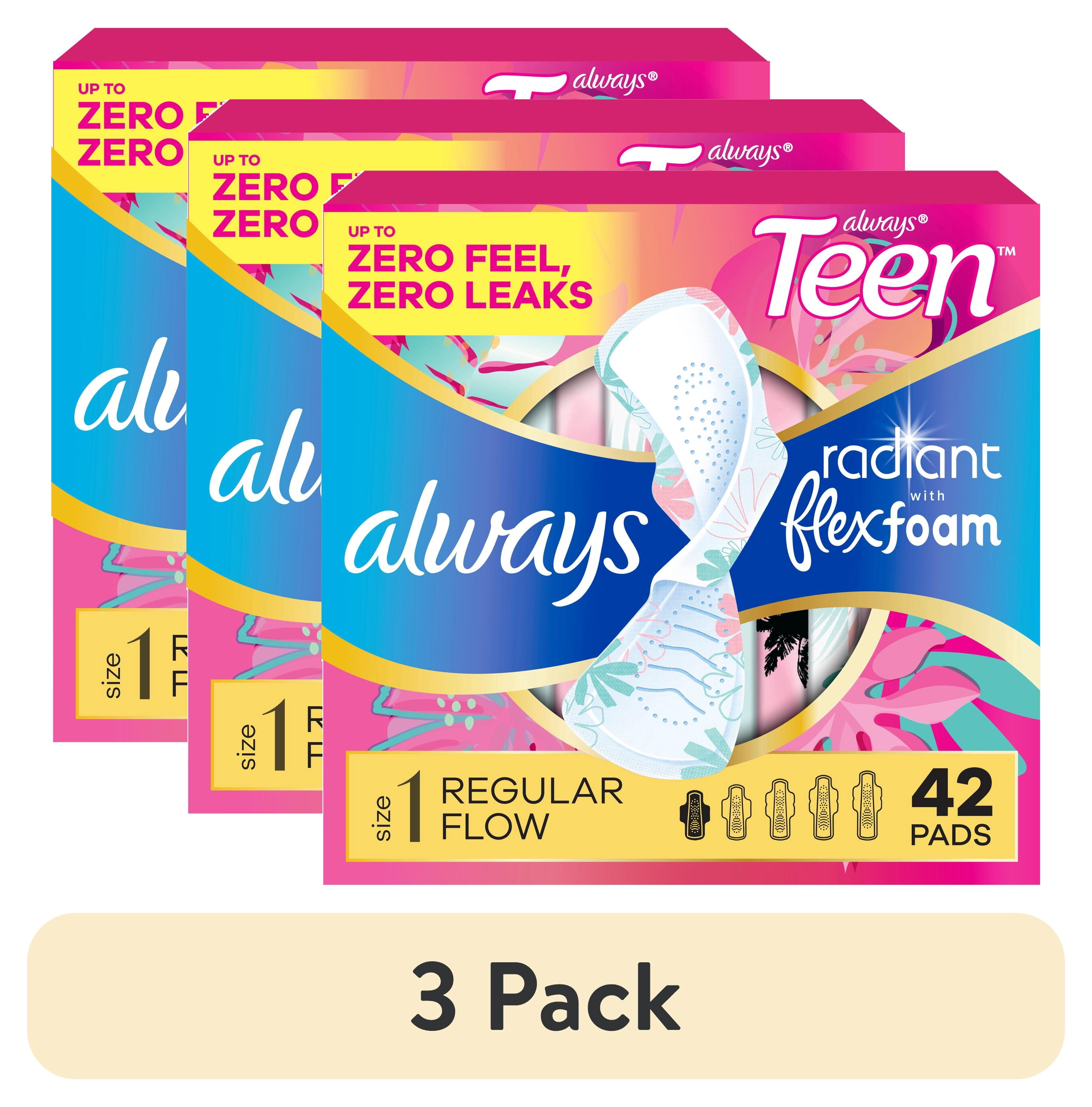 (3 pack) Always Radiant Teen Pads, Size 1, Regular, with Wings, Unscented, 42 Count