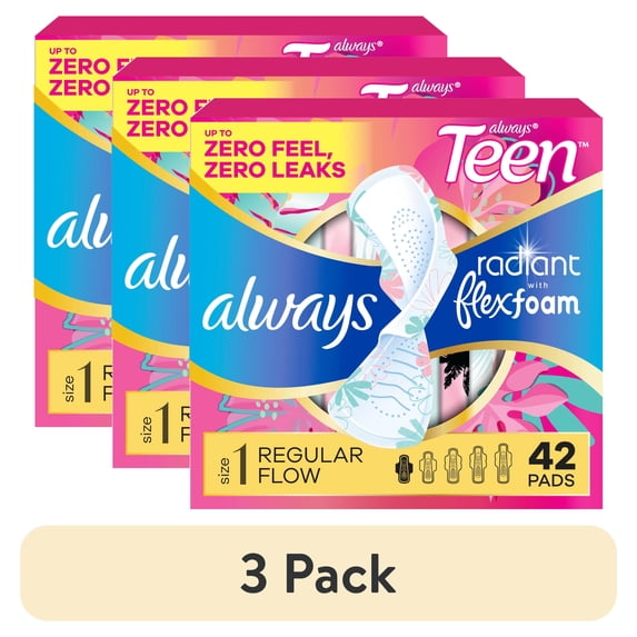 (3 pack) Always Radiant Teen Pads, Size 1, Regular, with Wings, Unscented, 42 Count
