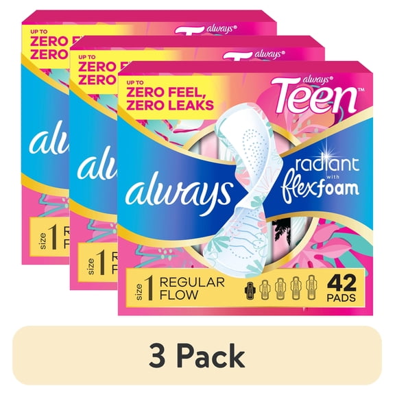 (3 pack) Always Radiant Teen Pads, Size 1, Regular, with Wings, Unscented, 42 Count