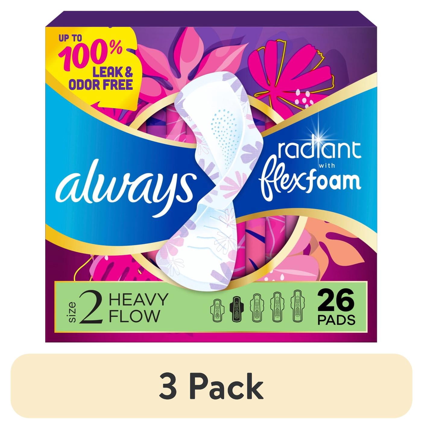(3 pack) Always Radiant with FlexFoam Pads, Size 2, Heavy, with Wings, Unscented, 26 Count