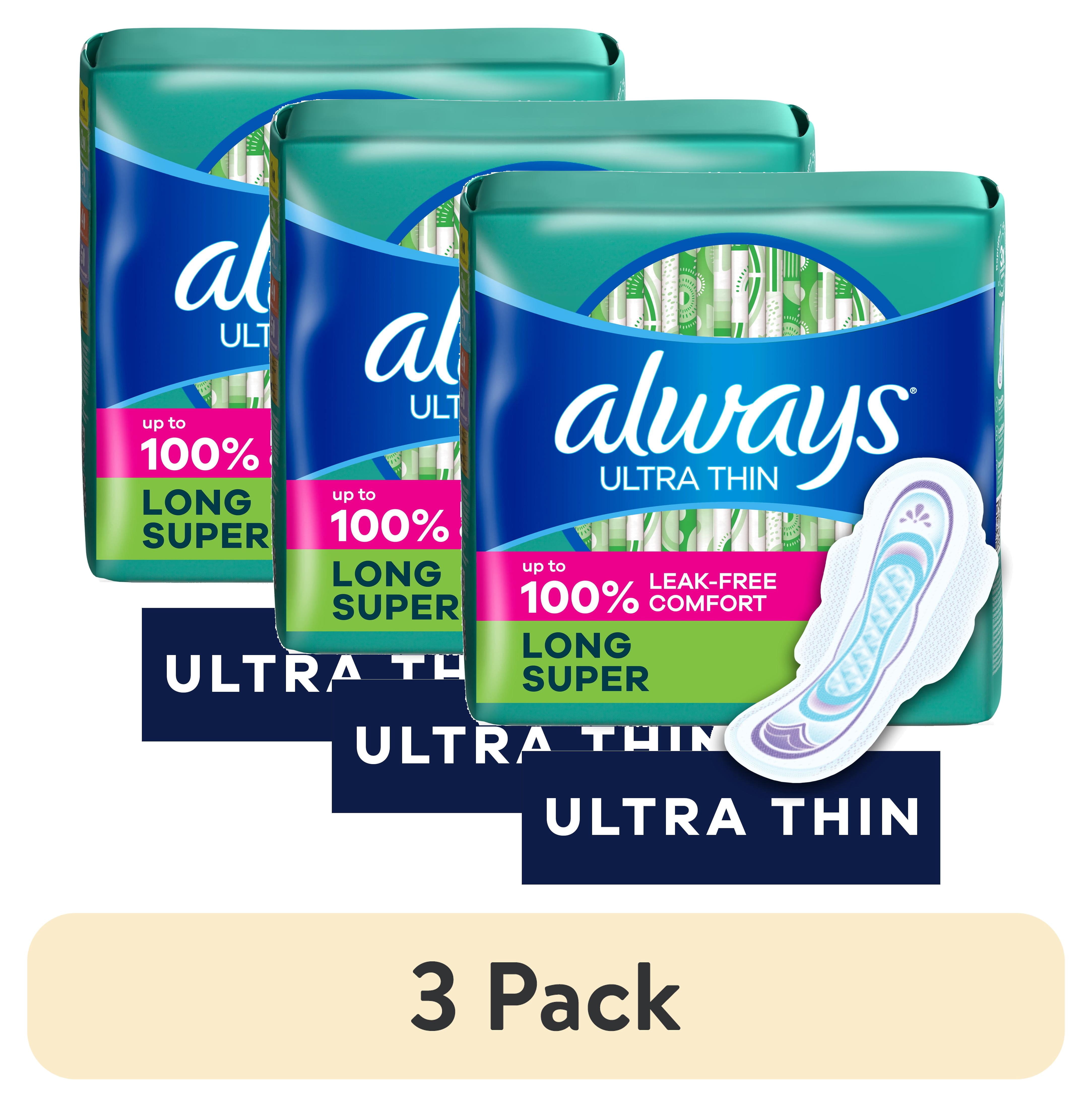(3 pack) Always Ultra Thin Pads with Wings, Size 2, Long Super Absorbency, 42 Count