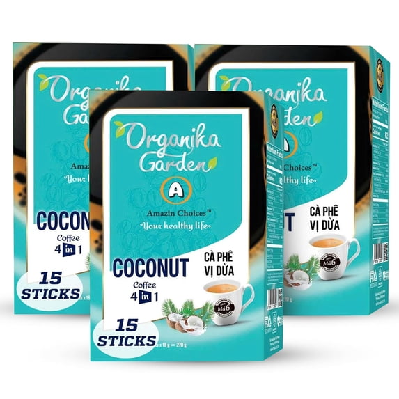 (3 pack) Amazin Choices 4-in-1 Vietnamese Instant Coconut Coffee with Natural Coconut Powder, 15 Sachets at 18g Each