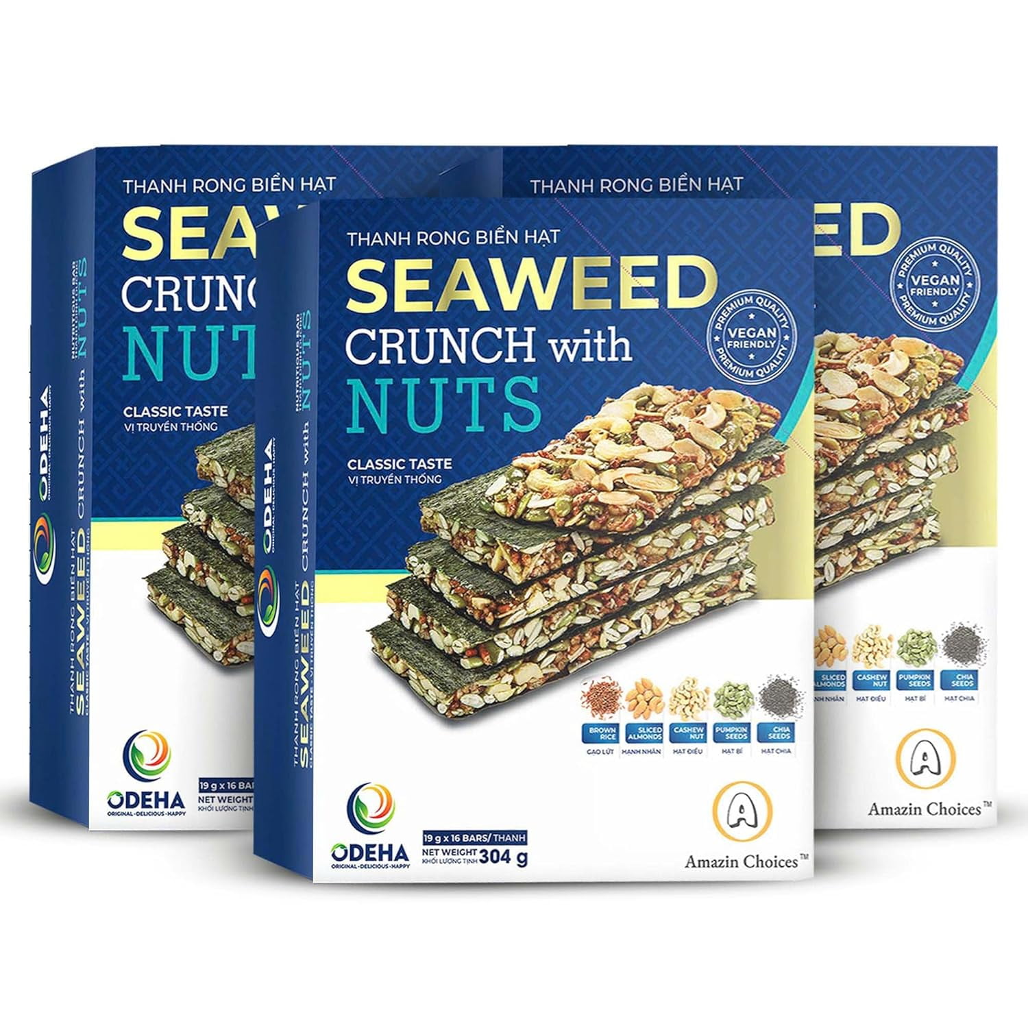 (3 pack) Amazin Choices Seaweed Crunch with Nuts, Classic Taste, Seaweed Sandwich, Seaweed Snack 16-pack ( Paper Box )