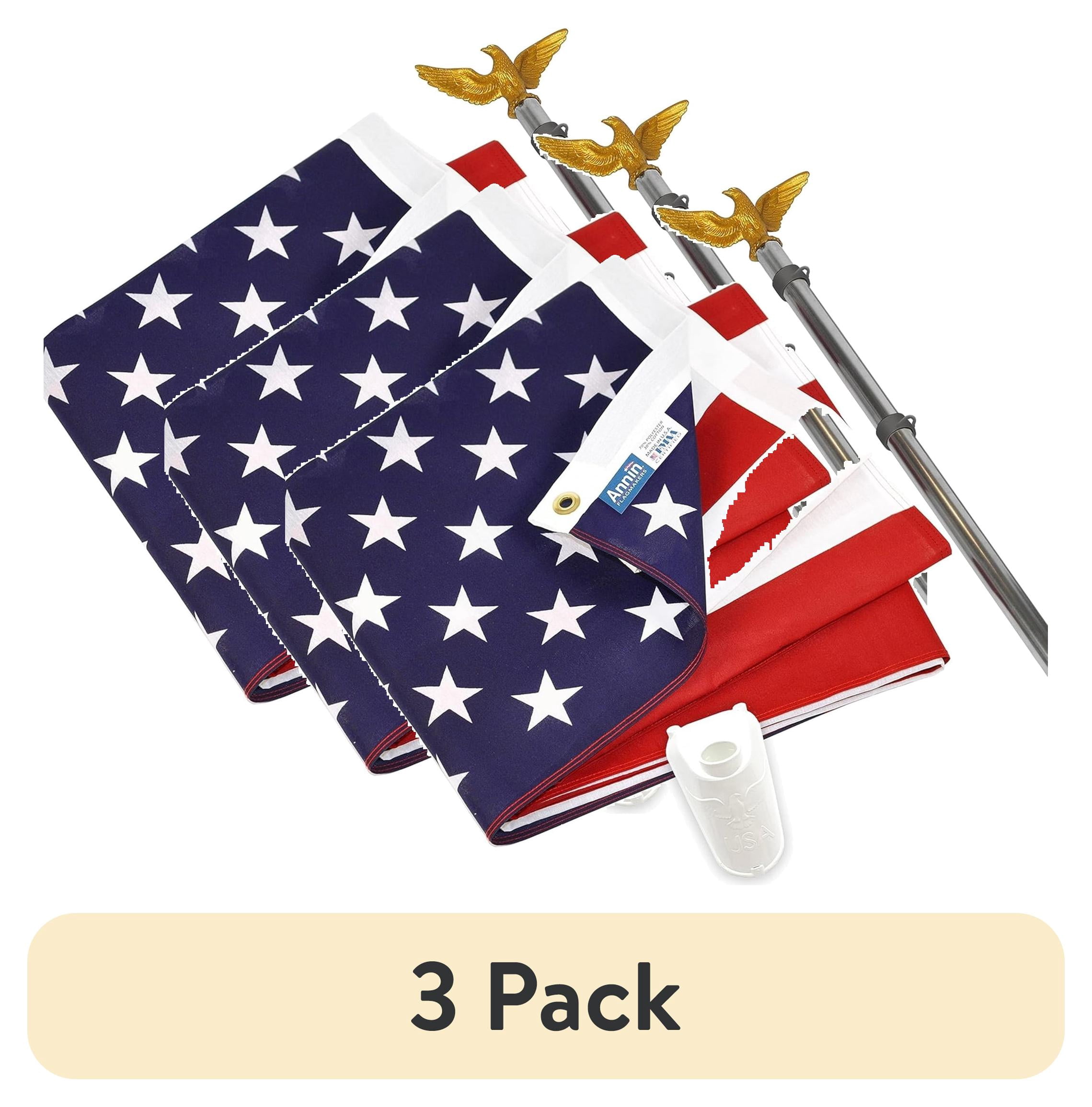 (3 pack) American Polycotton 3 x 5 Flag with 6' 3-Section Flagpole and Eagle Ornament Set by Annin